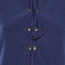 Pre Owned Yves Saint Laurent Blue Textured Crepe Lace Up Jumpsuit M