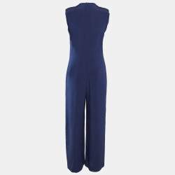 Pre Owned Yves Saint Laurent Blue Textured Crepe Lace Up Jumpsuit M
