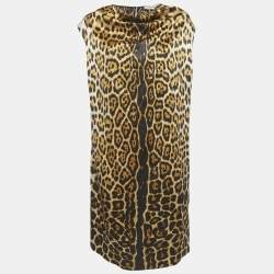 Pre Owned Yves Saint Laurent Brown Leopard Printed Silk Satin Cowl Neck Detail Shift Dress L