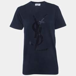 Pre Owned Yves Saint Laurent Navy Blue Logo Flocked Jersey T-Shirt M