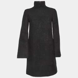 Pre Owned Yves Saint Laurent Black Tweed Mock Neck Mini Dress M