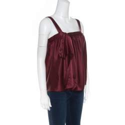 Pre Owned Saint Laurent Burgundy Silk Satin Bow Detail Sleeveless Top M