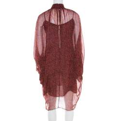 Yves Saint Laurent Red Printed Silk Chiffon Neck Tie Detail Long Sleeve Dress L