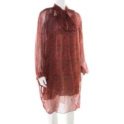Yves Saint Laurent Red Printed Silk Chiffon Neck Tie Detail Long Sleeve Dress L