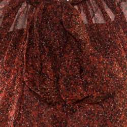 Yves Saint Laurent Red Printed Silk Chiffon Neck Tie Detail Long Sleeve Dress L
