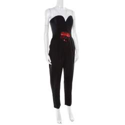 Pre Owned Yves Saint Laurent Black Wool Floral Embellished Strapless Jumpsuit M