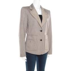 Pre Owned Yves Saint Laurent Paris Brown and White Textured Cotton Contrast Lapel Blazer L