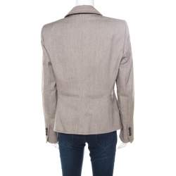 Pre Owned Yves Saint Laurent Paris Brown and White Textured Cotton Contrast Lapel Blazer L