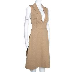 Pre Owned Yves Saint Laurent Beige Textured Wool Blend Cutout Detail Wrap Dress M