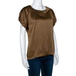 Pre Owned Yves Saint Laurent Brown Silk Satin Short Sleeve Top M