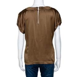 Pre Owned Yves Saint Laurent Brown Silk Satin Short Sleeve Top M