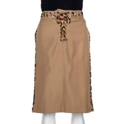 Pre Owned Yves Saint Laurent Tan Cotton Leopard Print Trim Pencil Skirt L