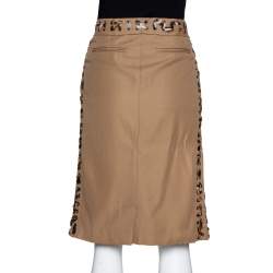 Pre Owned Yves Saint Laurent Tan Cotton Leopard Print Trim Pencil Skirt L