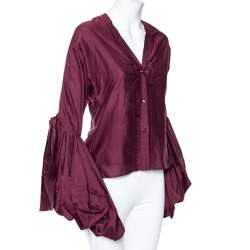 مملوكة مسبقًا قميص أيف سان لوران أكمام منتفخة قطن عنابي مقاس متوسط