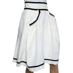Yves Saint Laurent Ecru Cotton Contrast Trimmed Pleated Skirt M