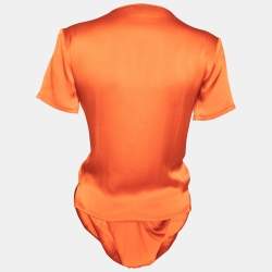 Pre Owned Yves Saint Laurent Orange Silk Draped Front Short Sleeve Blouse M