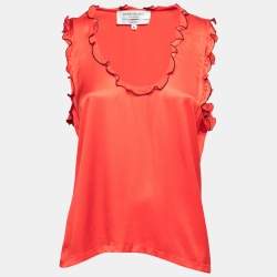 Pre Owned Yves Saint Laurent Red Silk Ruffle Trim Sleeveless Top M