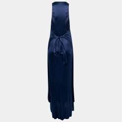 Pre Owned Yves Saint Laurent Blue Silk Knit Layered Sleeveless Maxi Dress S