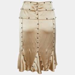 Pre Owned Yves Saint Laurent Gold Silk Studded Flared Skirt M