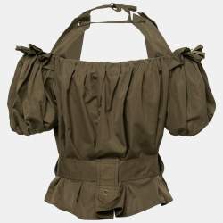 مملوكة مسبقًا توب إيف سان لوران سفاري أخضر زيتوني مزين ربطة عنق أوف شولدر بحزام مقاس متوسط (ميديوم)