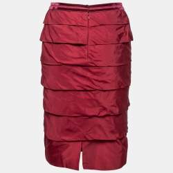 Pre Owned Yves Saint Laurent Vintage Red Silk Tiered Pencil Skirt M