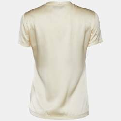 Pre Owned Yves Saint Laurent Cream Logo Embroidered Silk Satin Top M