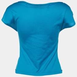 Pre Owned Yves Saint Laurent Blue Cotton V Neck Pin Tuck Detail Top M