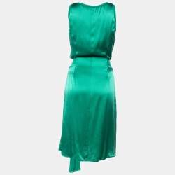 Pre Owned Yves Saint Laurent Green Satin Silk Sleeveless Midi Dress S