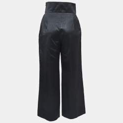 Pre Owned Yves Saint Laurent Black Satin High-Waist Wide Leg Trousers M
