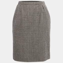 Pre Owned Yves Saint Laurent Vintage Black Houndstooth Patterned Wool Knee Length Skirt S