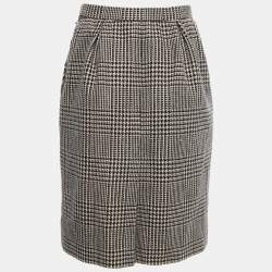 Pre Owned Yves Saint Laurent Vintage Black Houndstooth Patterned Wool Knee Length Skirt S