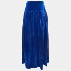 Pre Owned Yves Saint Laurent Blue Velvet Pleated Maxi Skirt S