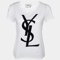 Pre Owned Yves Saint Laurent Rive Gauche White Logo Printed Cotton T-Shirt M