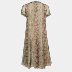 Pre Owned Yves Saint Laurent Brown Snake Print Silk Sequined Short Dress M