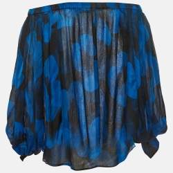 Pre Owned Yves Saint Laurent Blue Floral Print Silk Off Shoulder Blouse S