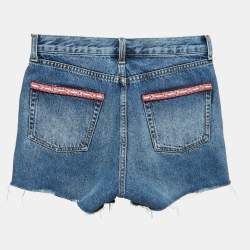 Pre Owned Yves Saint Laurent Blue Embroidered Denim Raw-Edge Shorts S
