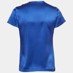 مملوكة مسبقًا Yves Saint Laurent Blue Logo Embroidered Satin Silk T-Shirt S