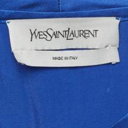 مملوكة مسبقًا Yves Saint Laurent Blue Logo Embroidered Satin Silk T-Shirt S