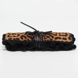 Yves Saint Laurent Brown/Beige Leopard Print Calfhair Pompom Wrap Clutch