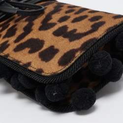 Yves Saint Laurent Brown/Beige Leopard Print Calfhair Pompom Wrap Clutch