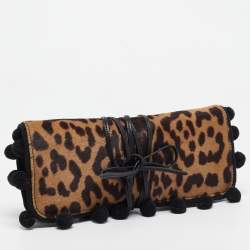 Yves Saint Laurent Brown/Beige Leopard Print Calfhair Pompom Wrap Clutch
