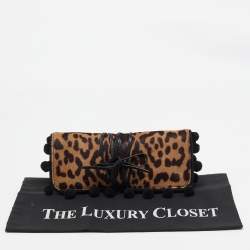 Yves Saint Laurent Brown/Beige Leopard Print Calfhair Pompom Wrap Clutch