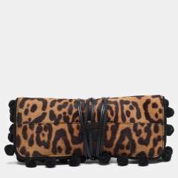 Yves Saint Laurent Brown/Beige Leopard Print Calfhair Pompom Wrap Clutch
