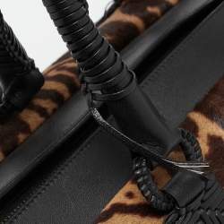 Pre Owned Yves Saint Laurent Black/Brown Leopard Print Calfhair and Leather Pom Pom Duffel Bag