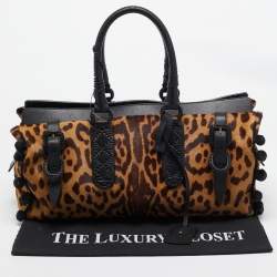 Pre Owned Yves Saint Laurent Black/Brown Leopard Print Calfhair and Leather Pom Pom Duffel Bag