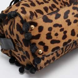 Pre Owned Yves Saint Laurent Black/Brown Leopard Print Calfhair and Leather Pom Pom Duffel Bag