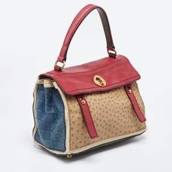 Yves Saint Laurent Multicolor Ostrich and Canvas Medium Muse Two Top Handle Bag