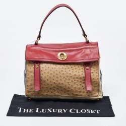 Yves Saint Laurent Multicolor Ostrich and Canvas Medium Muse Two Top Handle Bag