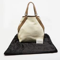Pre Owned Yves Saint Laurent Cream/Taupe Grey Leather and Raffia Snap Tote