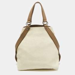 Pre Owned Yves Saint Laurent Cream/Taupe Grey Leather and Raffia Snap Tote